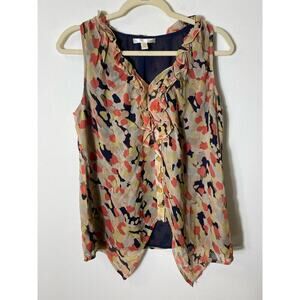 Jenny Han Muted Tan Green Sleeveless Ruffle Front Silk Blouse Sz S